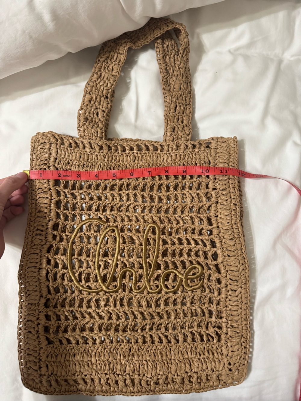 Chloe Beige Woven Straw Tote with Script Logo - Picture 8 of 8